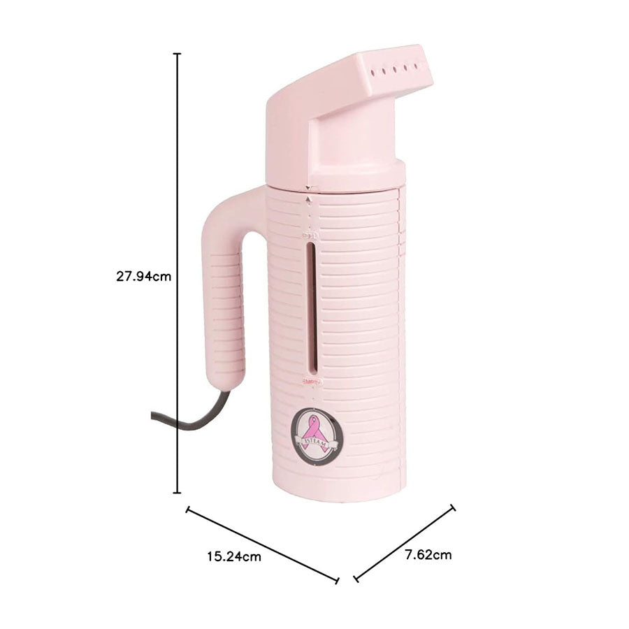 Jiffy ESTEAM Pink Travel Steamer with product dimensions shown, compact portable garment steamer for travel and small spaces.