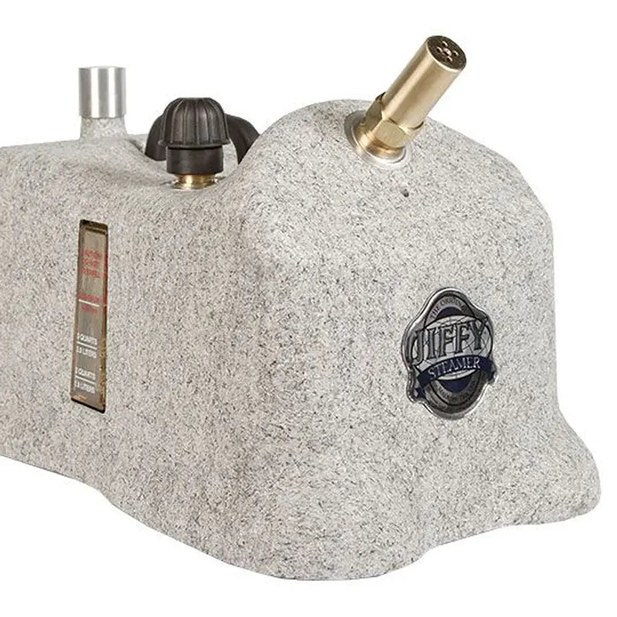 Close-up detail of the Jiffy J-4000H commercial hat steamer housing and brass nozzle