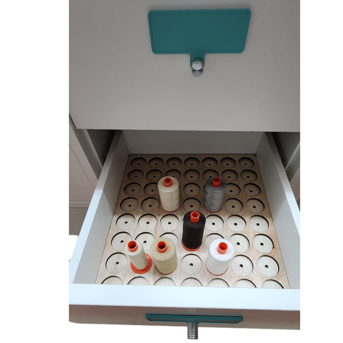 IKEA KALLAX Thread Storage Tray Insert — Aurifil-size tray with sample spools inside a drawer