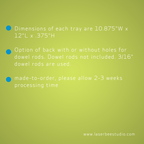 Supplier information card with dimensions, backing options and processing time, for IKEA KALLAX Thread Storage Tray Insert