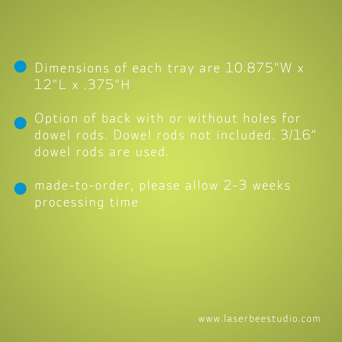 Supplier information card with dimensions, backing options and processing time, for IKEA KALLAX Thread Storage Tray Insert