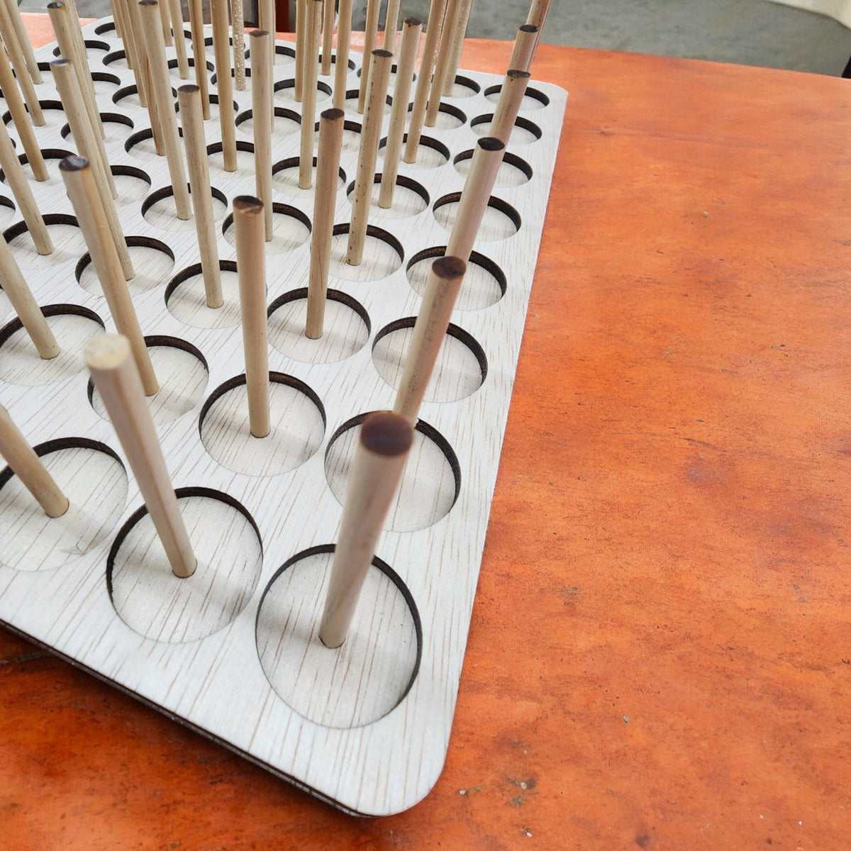 IKEA KALLAX Thread Storage Tray Insert — empty tray with upright dowel rods, rods sold separately