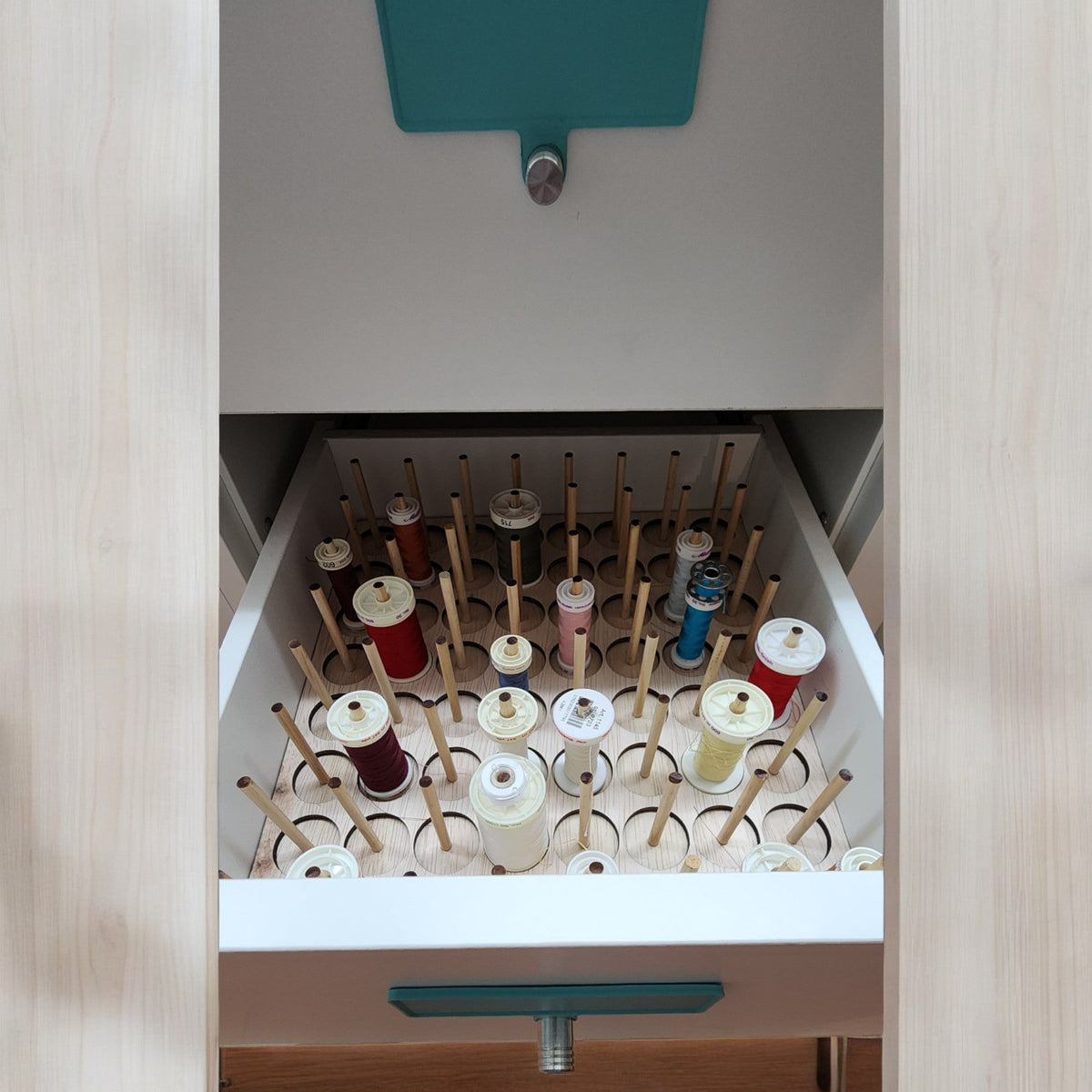 IKEA KALLAX Thread Storage Tray Insert — tray with thread and dowel rods inside a KALLAX drawer
