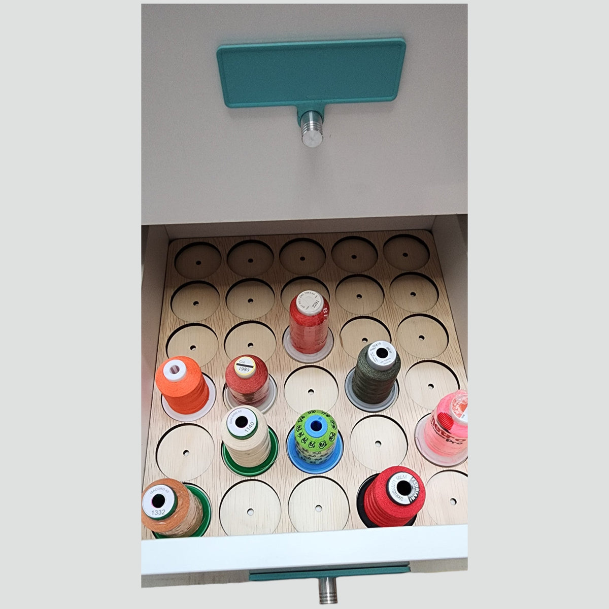 IKEA KALLAX Thread Storage Tray Insert — tray and sample spools inside a KALLAX drawer