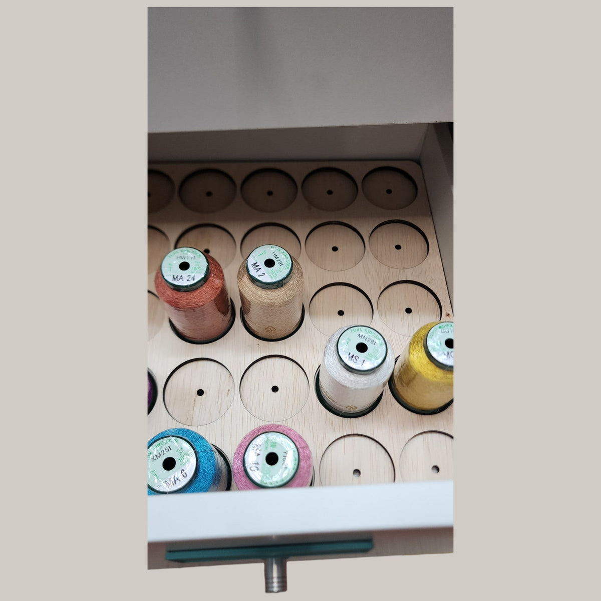 IKEA KALLAX Thread Storage Tray Insert — close-up of thread organized inside an open drawer