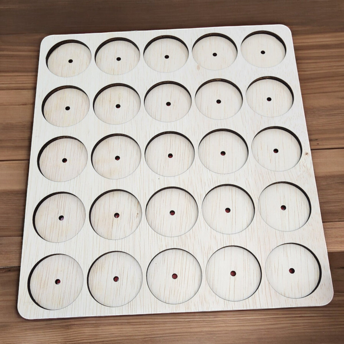 IKEA KALLAX Thread Storage Tray Insert — empty metallic-spool tray showing dowel holes