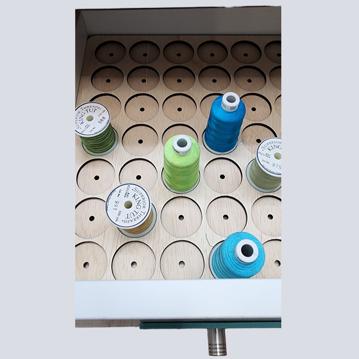 IKEA KALLAX Thread Storage Tray Insert — thread samples in a tray inside an open drawer
