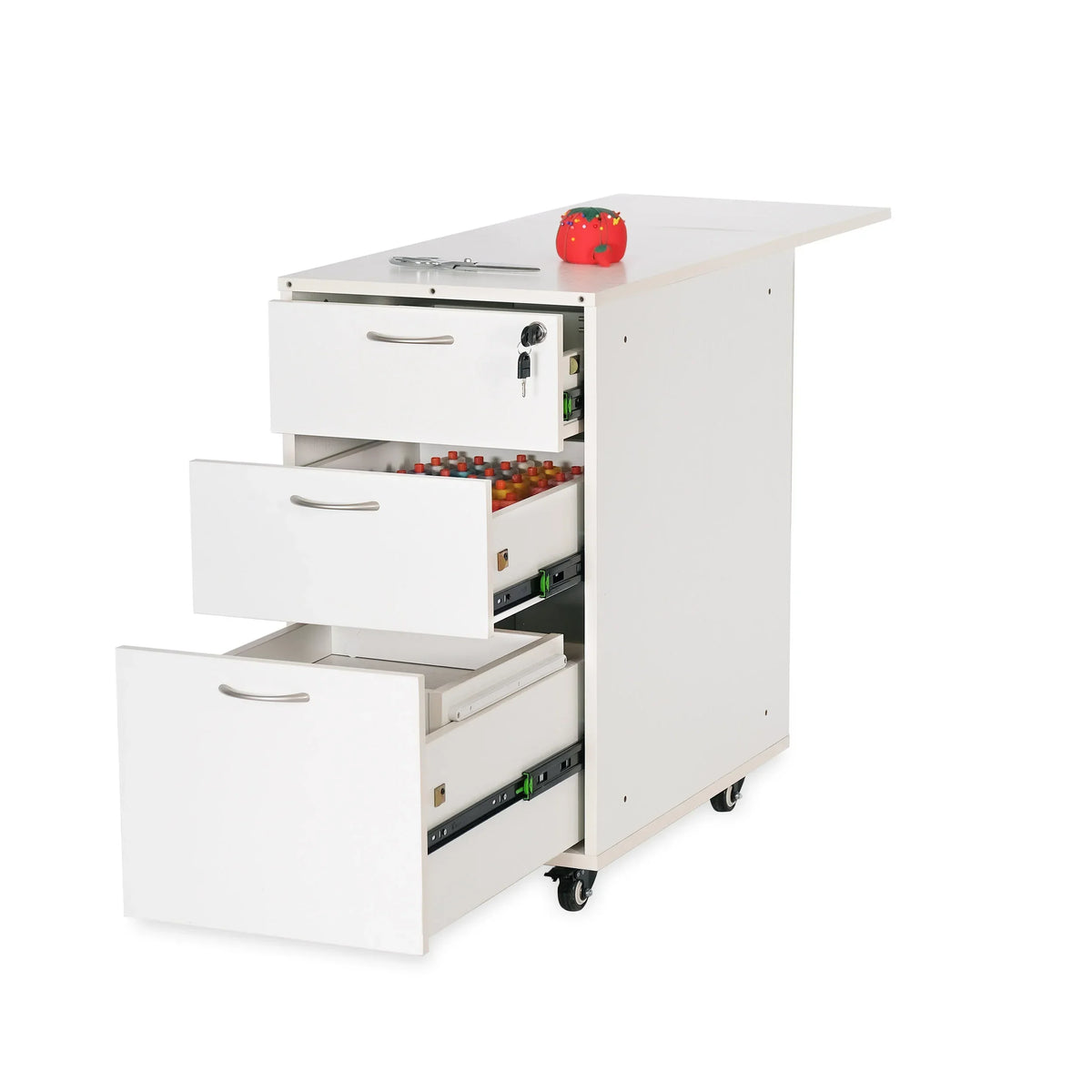 Kangaroo Adelaide Storage Cabinet in Ash White K4731 with drawers open and rear quilt leaf extended