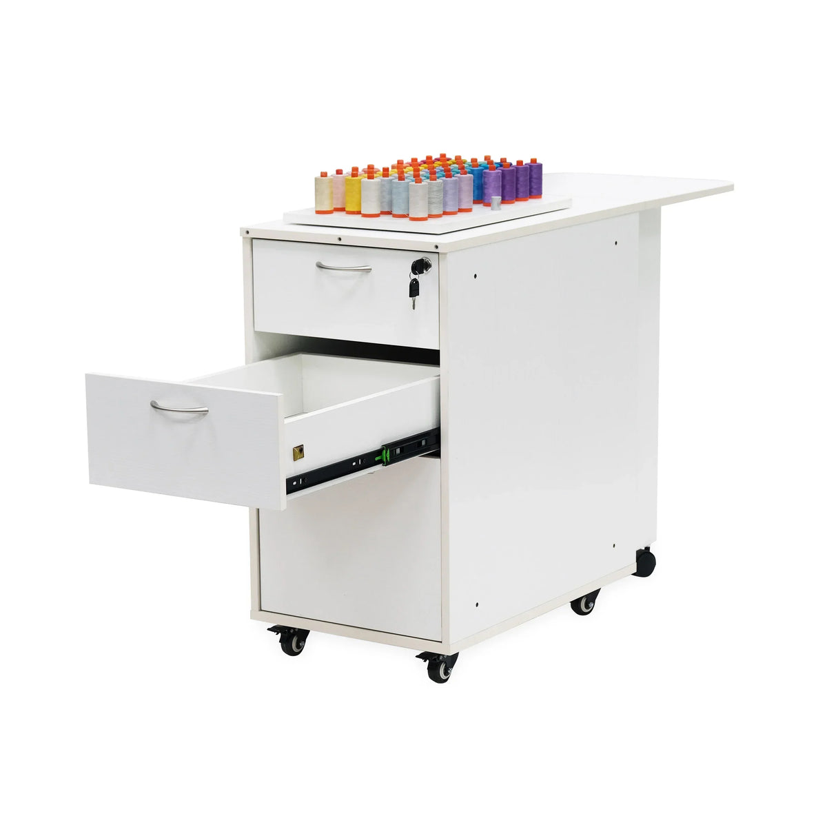 Kangaroo Adelaide Storage Cabinet in Ash White K4731 with top drawer open and thread storage visible