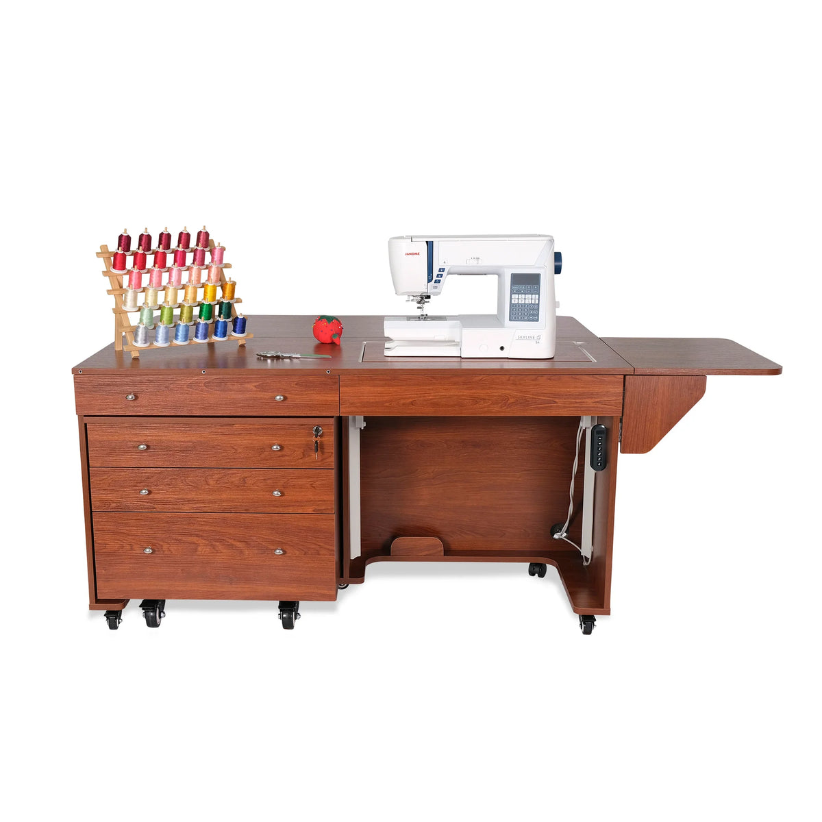 Kangaroo & Joey Electric Sewing Cabinet in Teak K8805EL with sewing machine and thread storage