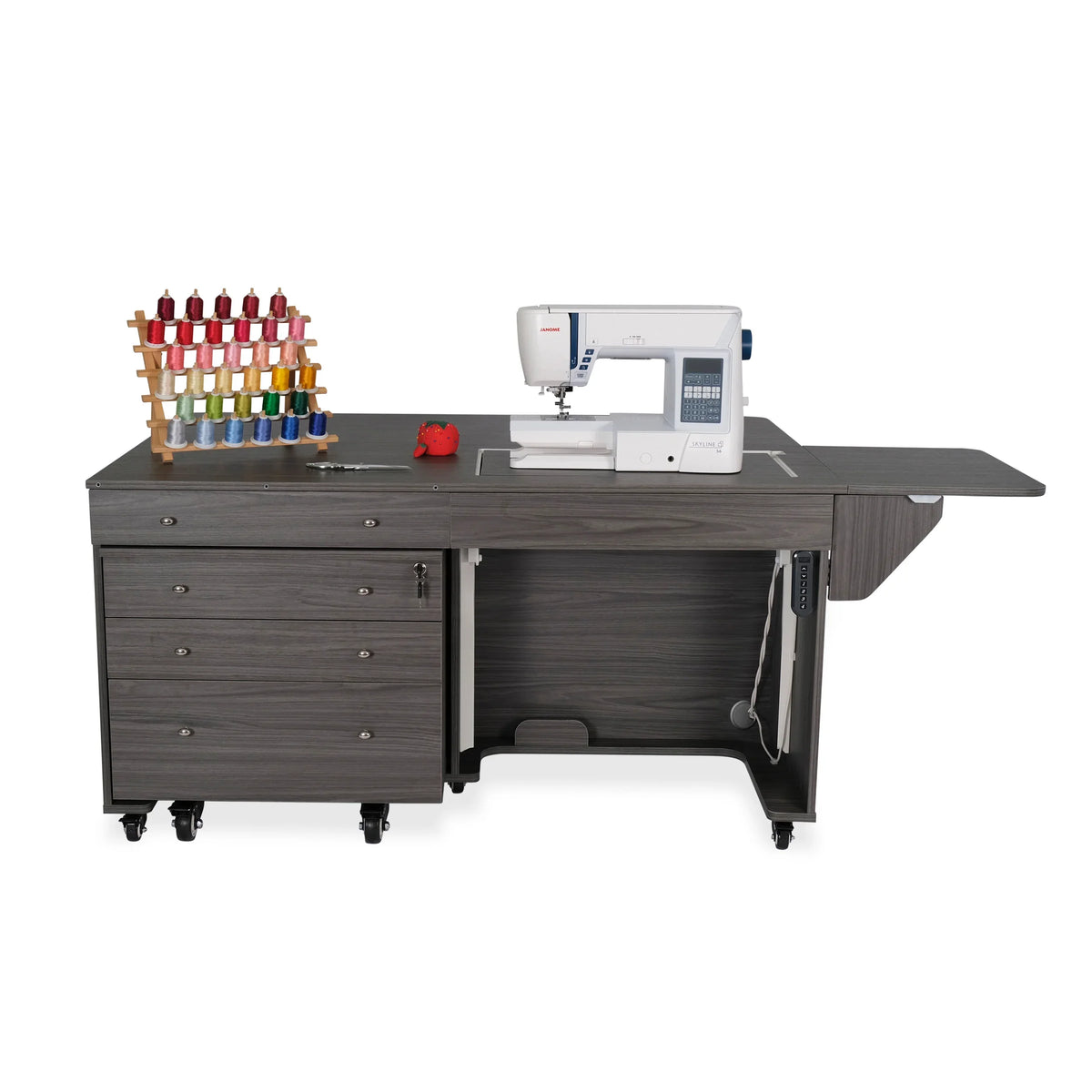 Kangaroo & Joey Electric Sewing Cabinet in Gray K8807EL with sewing machine and thread storage