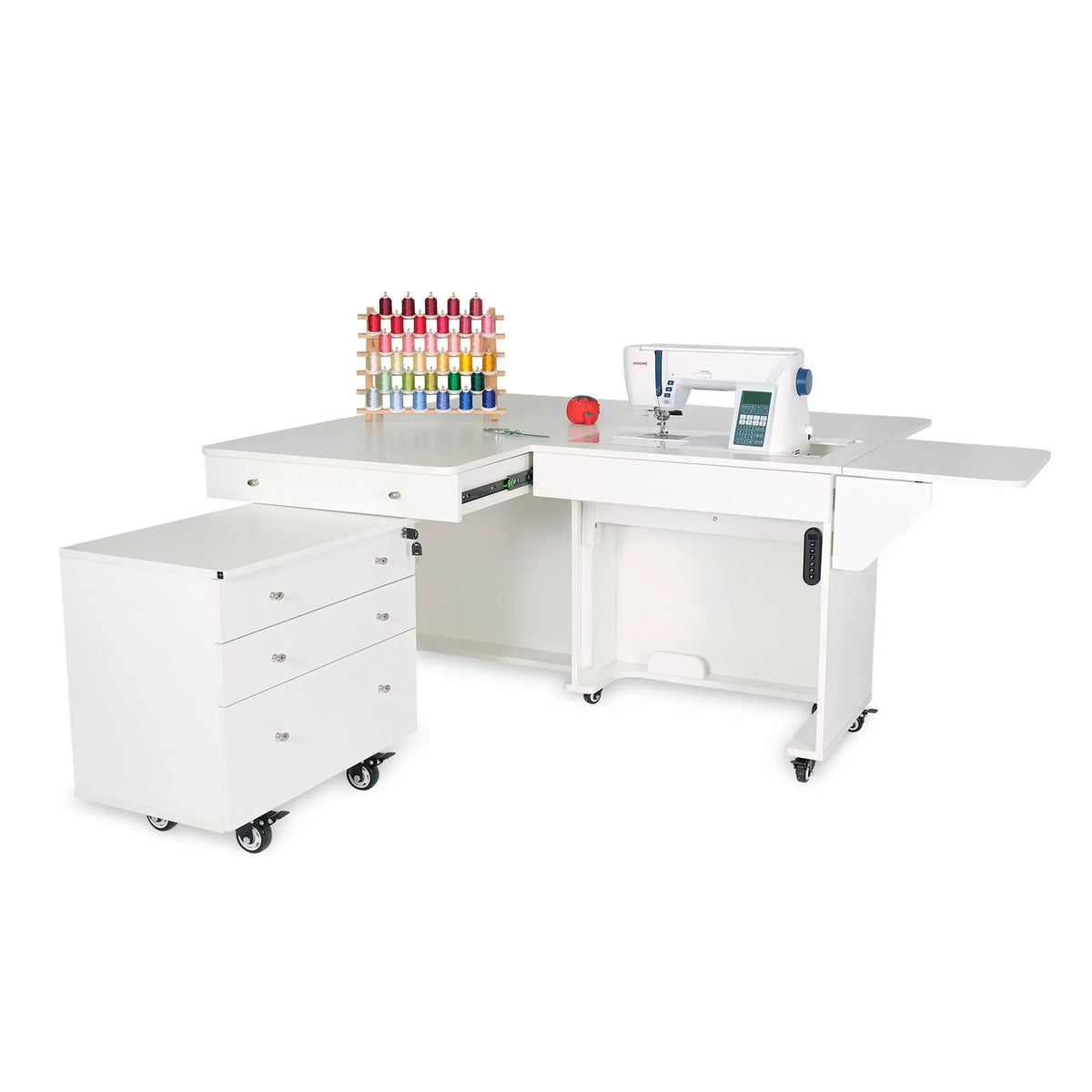Kangaroo & Joey Electric Sewing Cabinet in Ash White K8811EL with Joey storage caddy and extended workspace