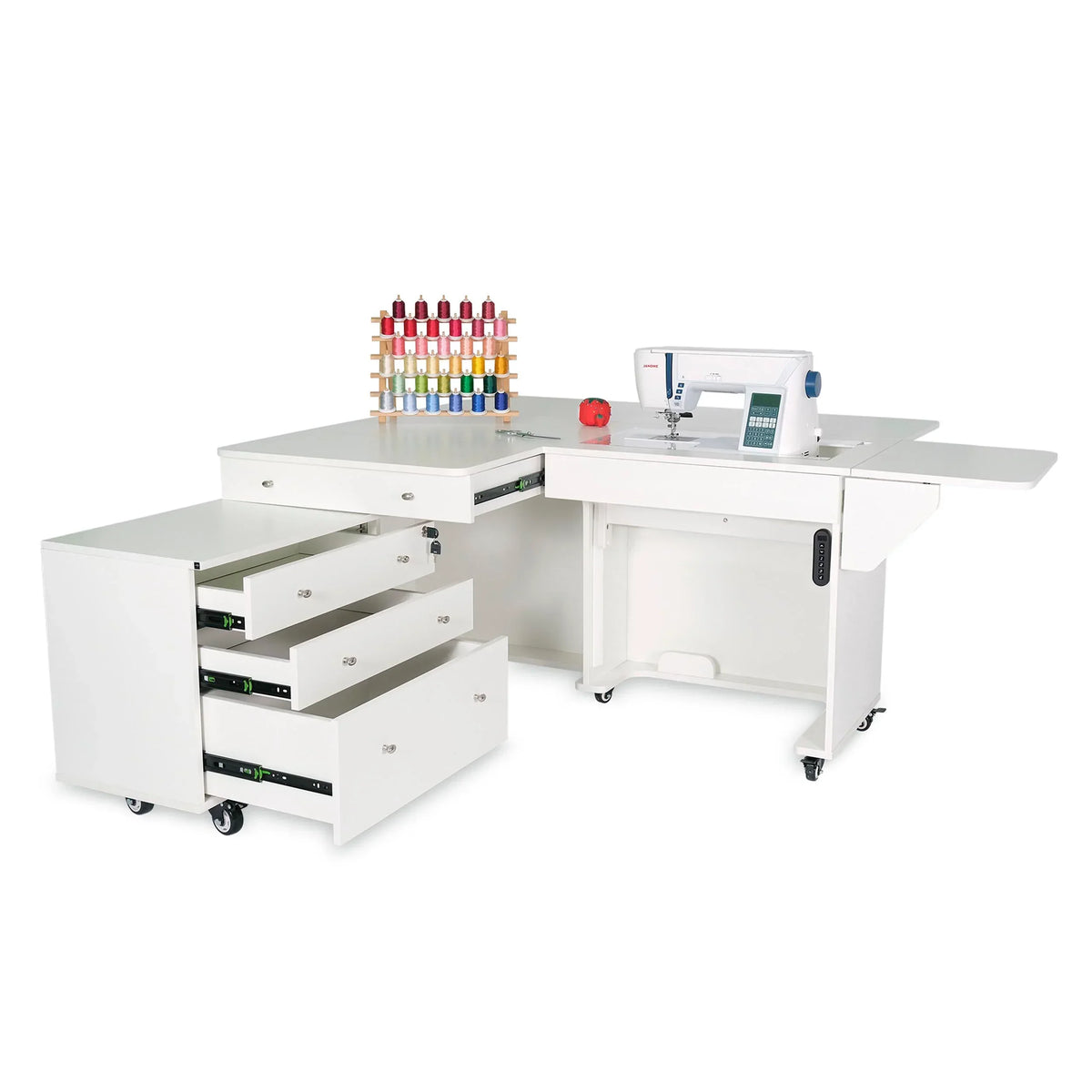 Kangaroo & Joey Electric Sewing Cabinet in Ash White K8811EL showing open drawers and electric lift platform