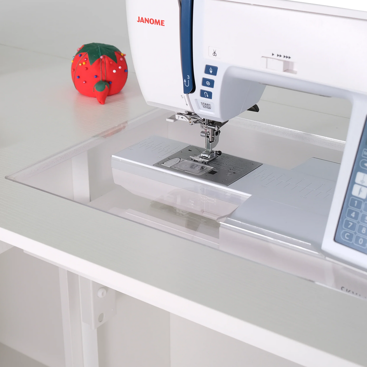 Kangaroo & Joey Electric Sewing Cabinet in Ash White K8811EL with sewing machine and acrylic insert