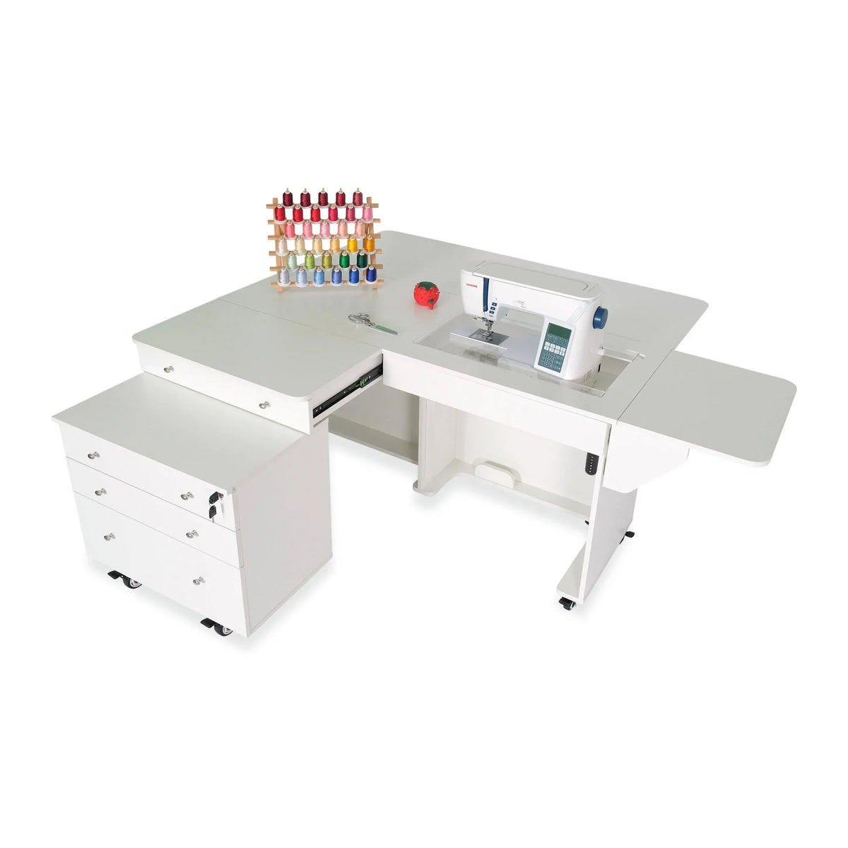 Top view of Kangaroo & Joey Electric Sewing Cabinet in Ash White K8811EL with expanded work surface