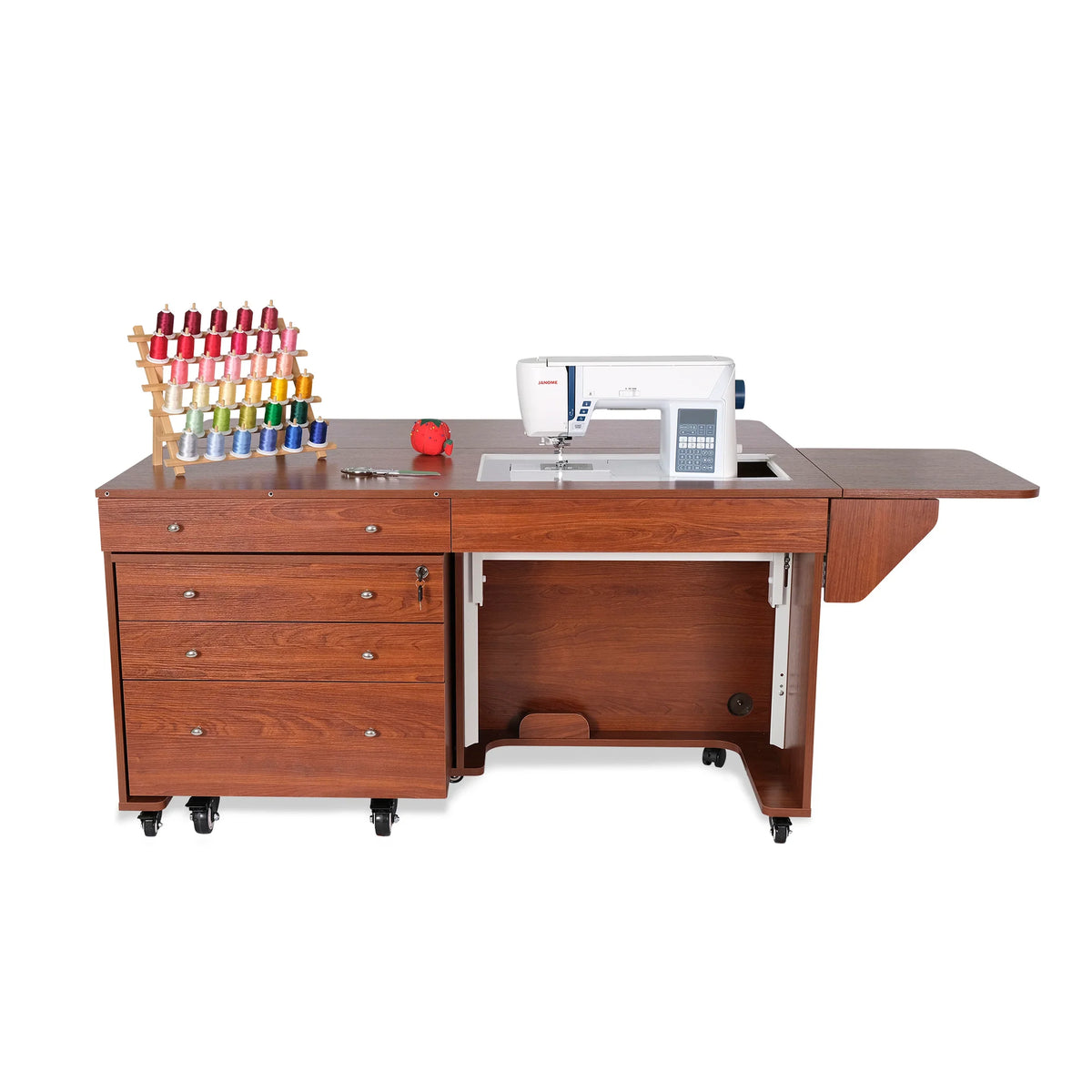 Kangaroo & Joey Hydraulic Sewing Cabinet in Teak K8805 with expanded workspace and Joey storage cabinet