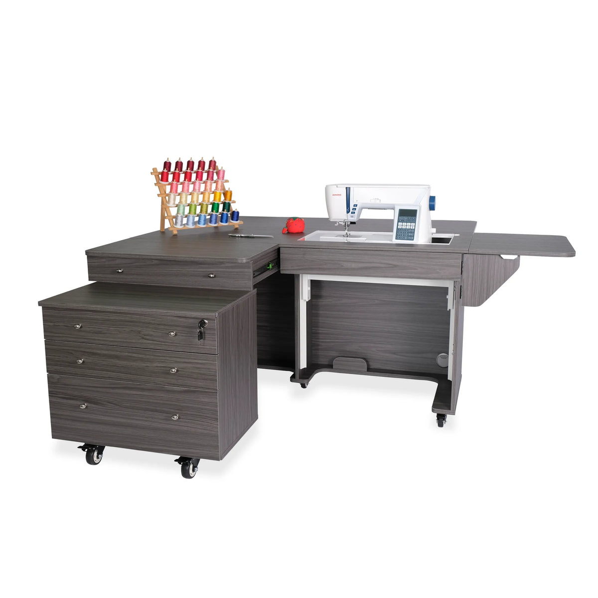 Kangaroo & Joey Hydraulic Sewing Cabinet in Gray K8807 with expanded workspace and Joey storage cabinet
