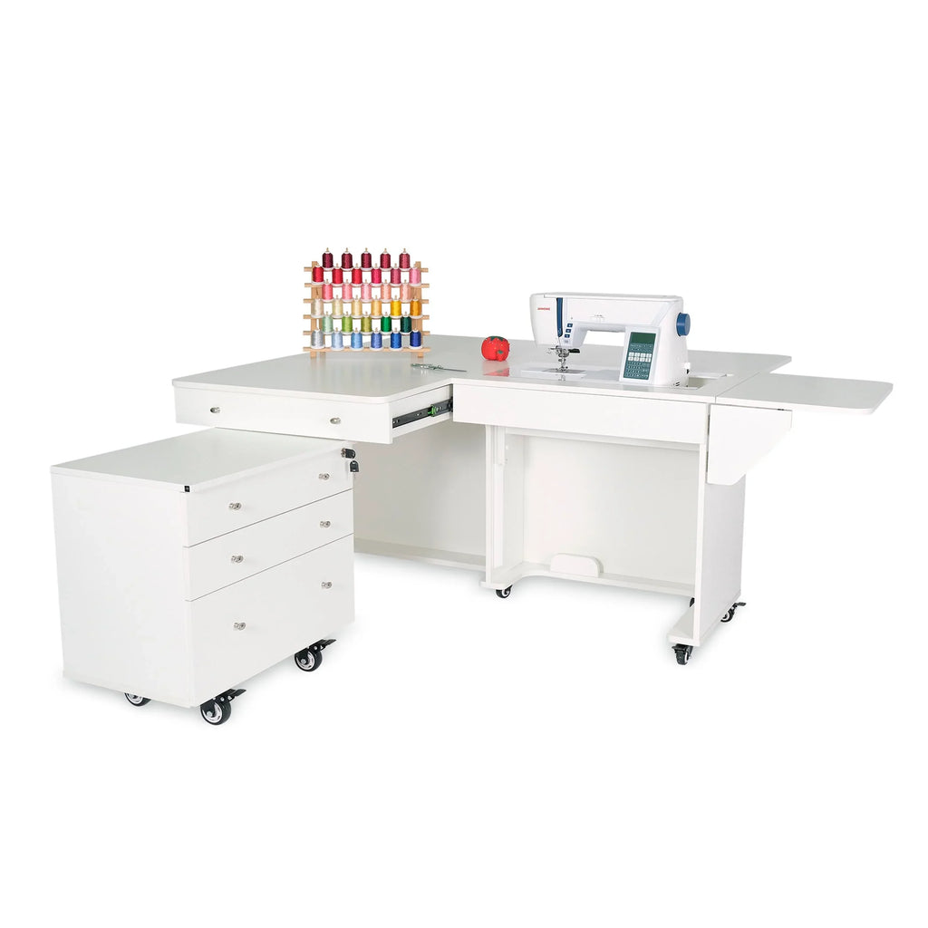 Kangaroo & Joey Hydraulic Sewing Cabinet in Ash White K8811 with expanded workspace and Joey storage cabinet