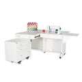 Kangaroo & Joey Hydraulic Sewing Cabinet in Ash White K8811 with expanded workspace and Joey storage cabinet