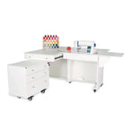 Kangaroo & Joey Hydraulic Sewing Cabinet in Ash White K8811 with expanded workspace and Joey storage cabinet