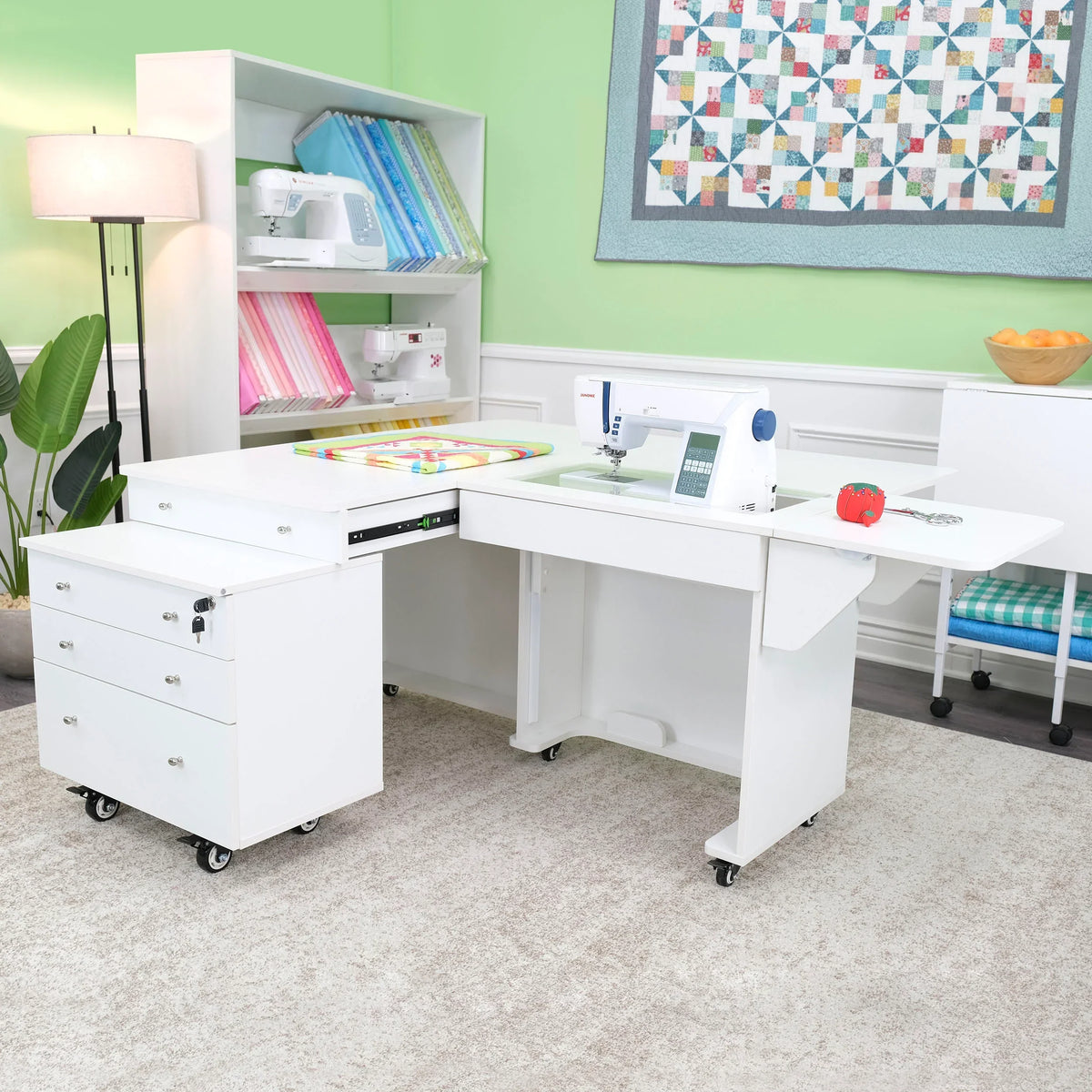 Kangaroo & Joey Hydraulic Sewing Cabinet in Ash White K8811 with expanded work surface and sewing machine