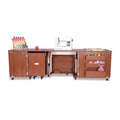 Kangaroo Aussie Electric Sewing Cabinet in Teak K8605EL fully expanded with sewing machine and rolling caddy