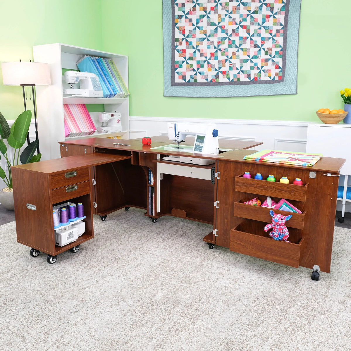Kangaroo Aussie Electric Sewing Cabinet in Teak K8605EL staged with extended workspace