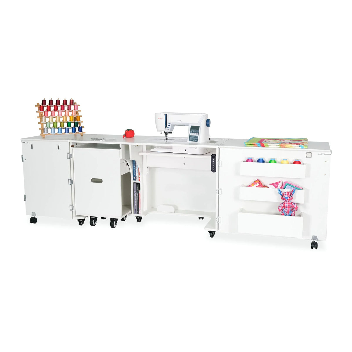 Kangaroo Aussie Electric Sewing Cabinet in Ash White K8611EL fully expanded with sewing machine and rolling caddy
