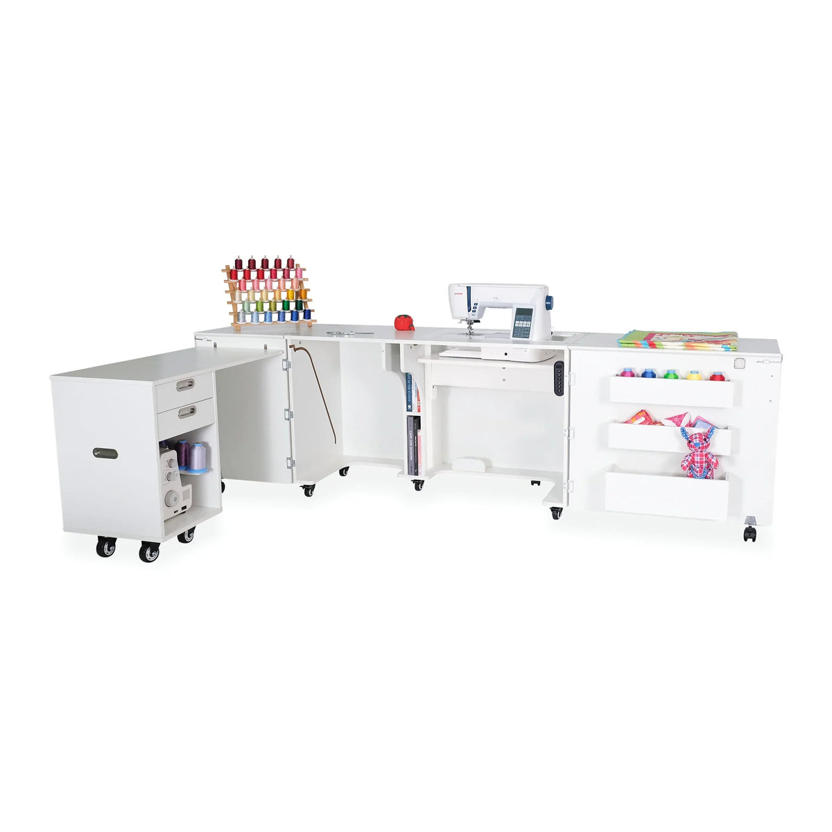 Kangaroo Aussie Electric Sewing Cabinet in Ash White K8611EL open with rolling caddy and quilting workspace