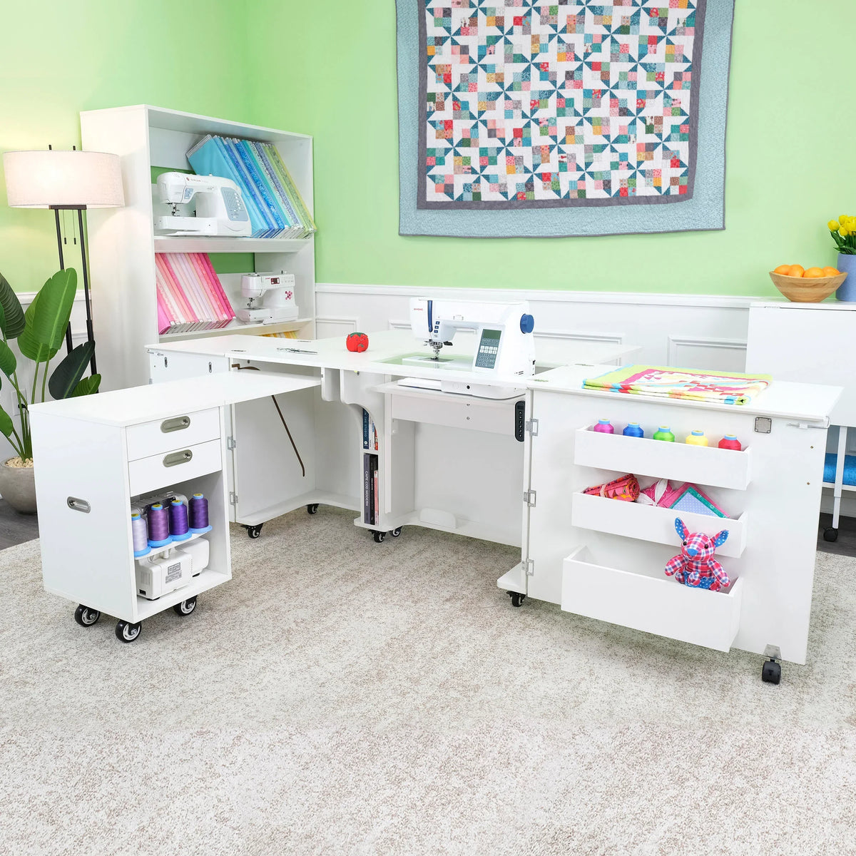 Kangaroo Aussie Electric Sewing Cabinet in Ash White K8611EL staged with extended quilting surface
