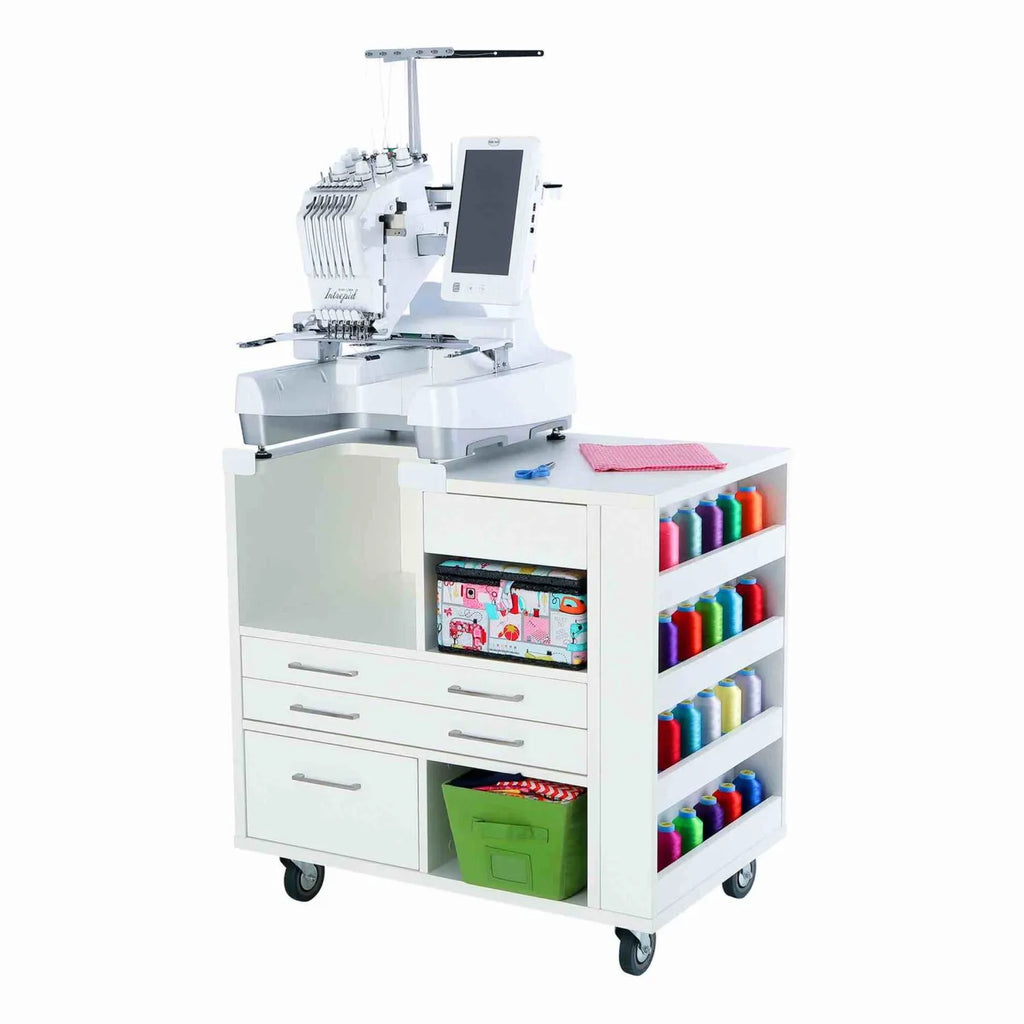Kangaroo Ava Embroidery Cabinet 9301B with Brother or Baby Lock multi-needle embroidery machine and integrated storage
