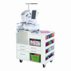 Kangaroo Ava Embroidery Cabinet 9301B with Brother or Baby Lock multi-needle embroidery machine and integrated storage