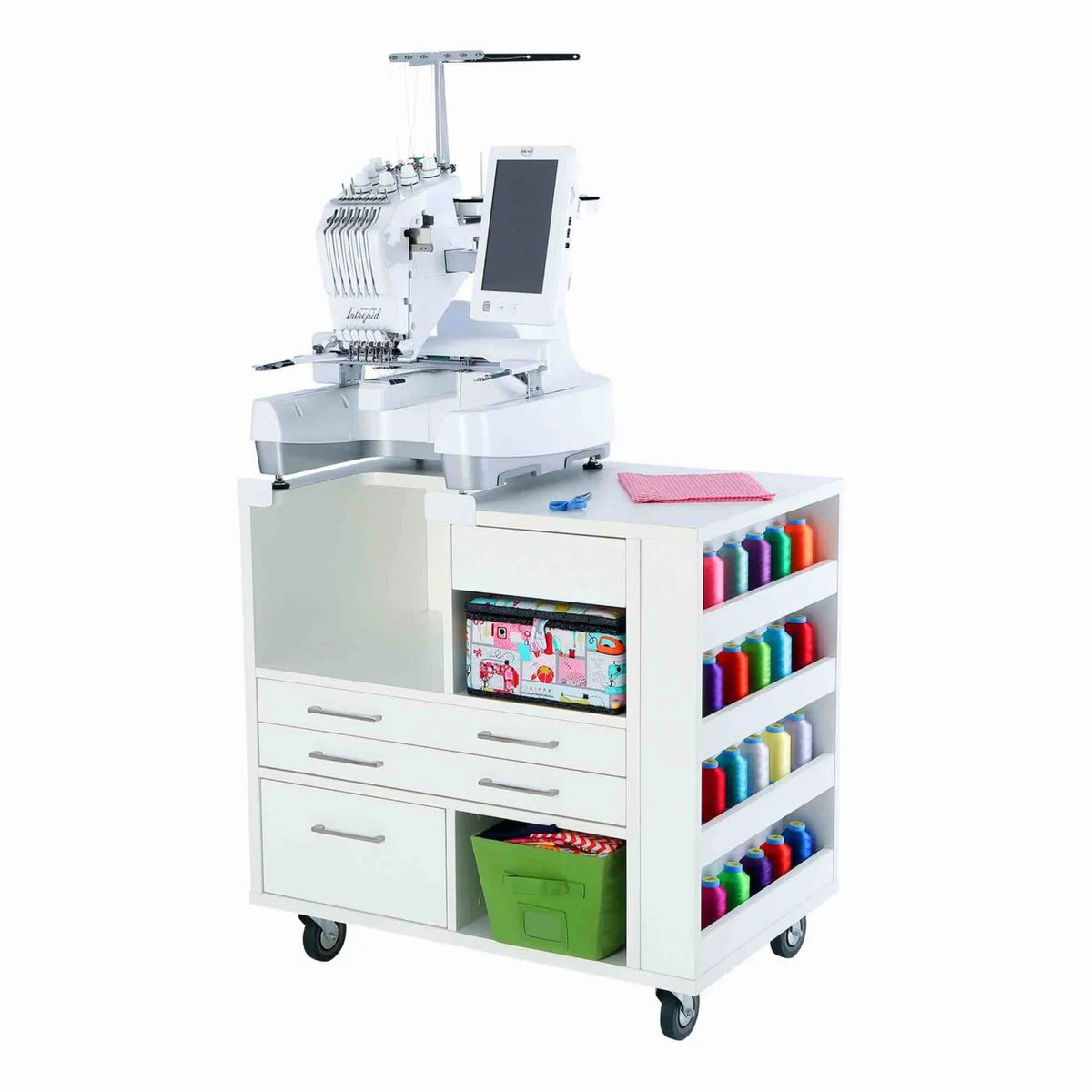 Kangaroo Ava Embroidery Cabinet 9301B with Brother or Baby Lock multi-needle embroidery machine and integrated storage