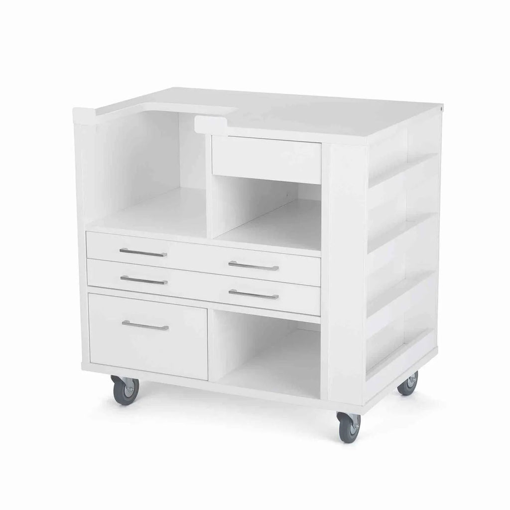 Kangaroo Ava Embroidery Cabinet 9301B with open cubbies, drawers, and thread storage for Brother and Baby Lock machines