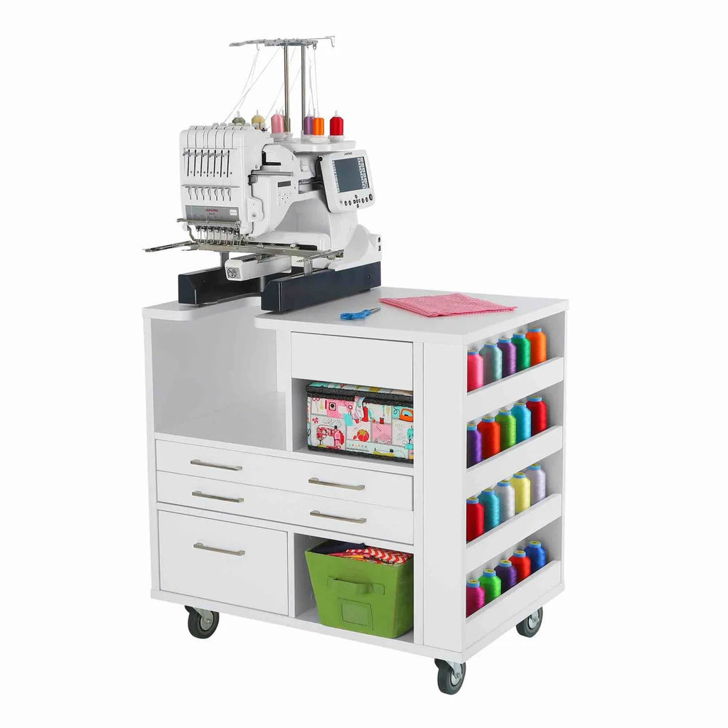 Kangaroo Ava Embroidery Cabinet 9301J with Janome multi-needle embroidery machine and integrated storage