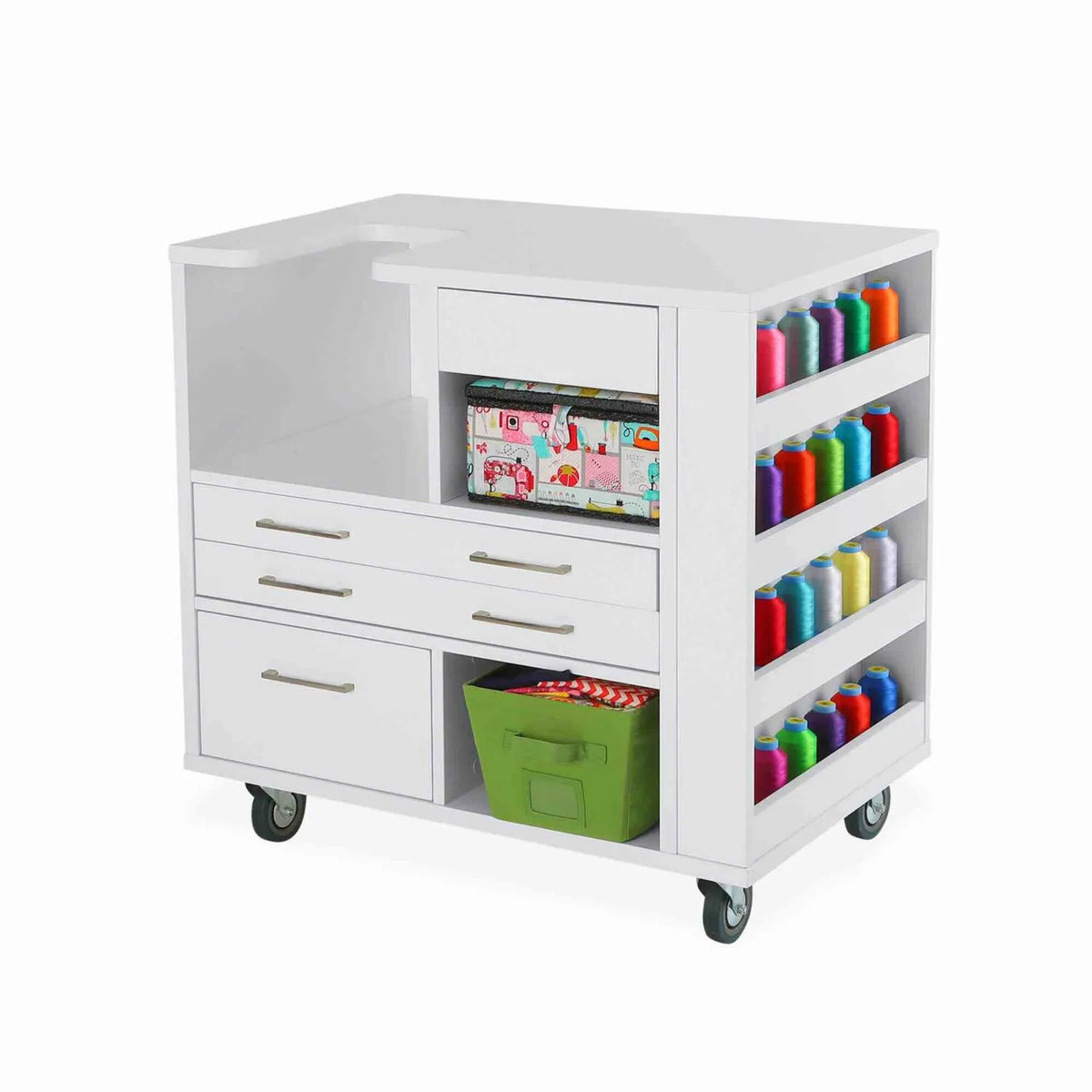 Kangaroo Ava Embroidery Cabinet 9301J with storage cubbies, drawers, and thread racks for Janome and Juki machines