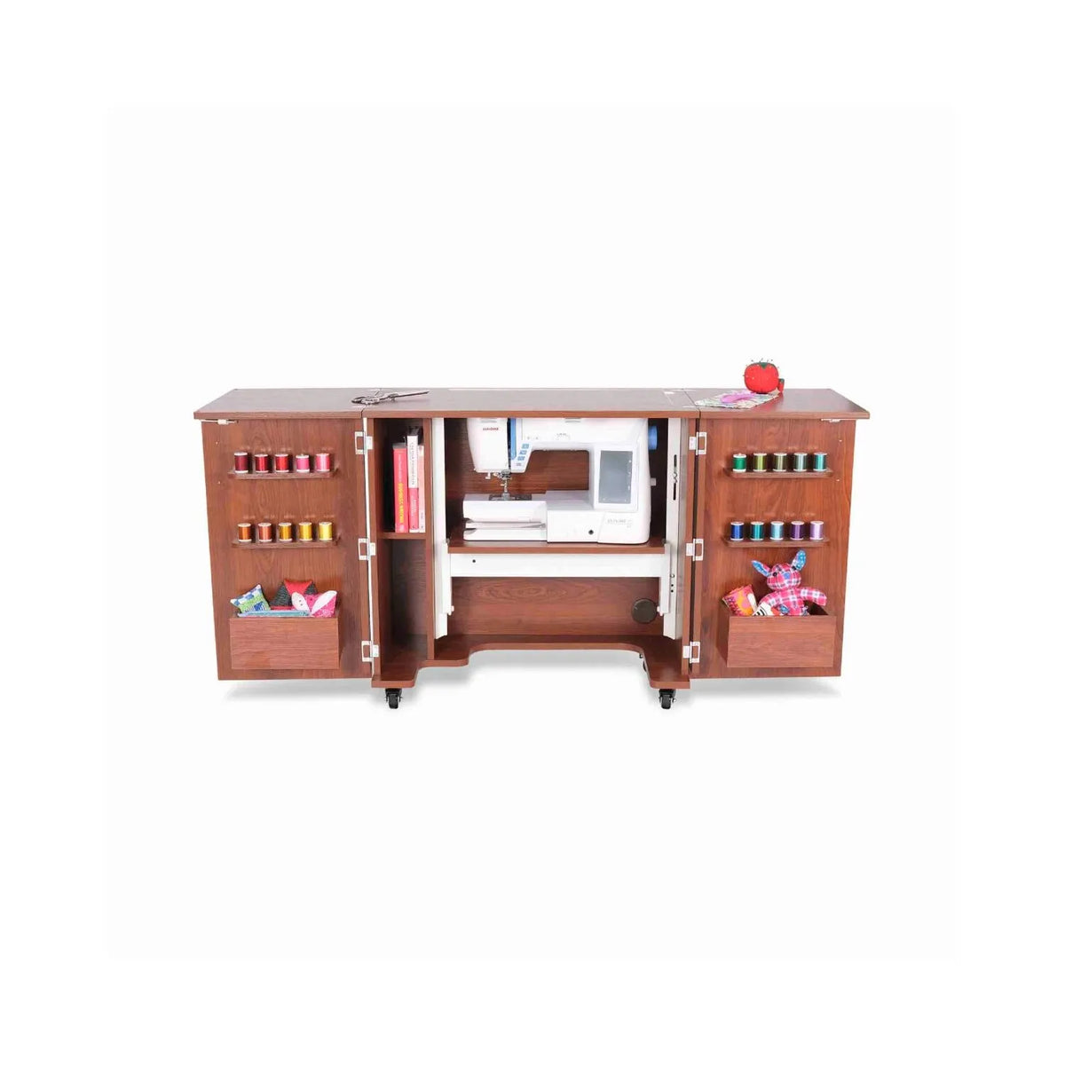 Kangaroo Bandicoot Sewing Cabinet in Teak K8205 with open doors, thread storage, and interior shelving