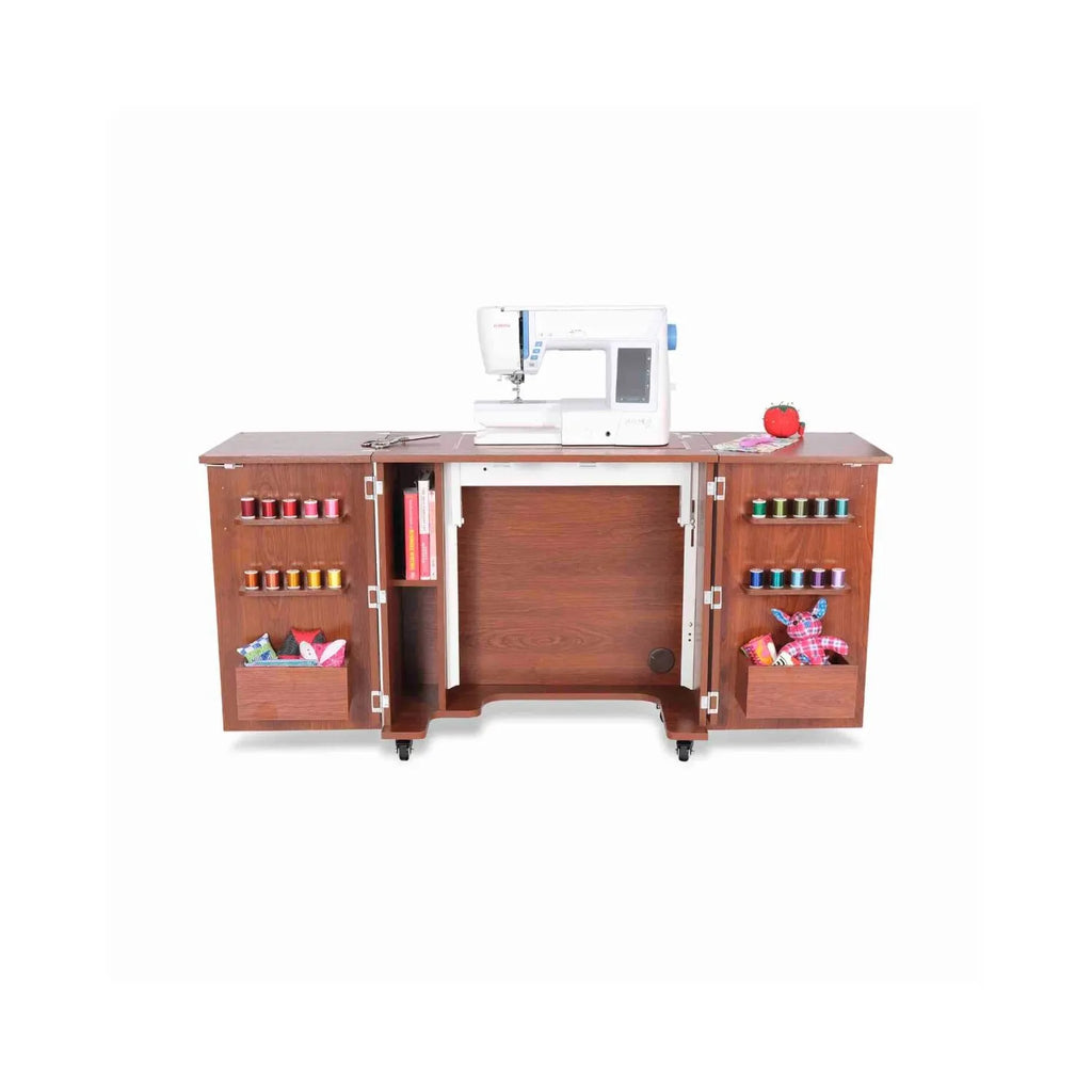 Kangaroo Bandicoot Sewing Cabinet in Teak K8205 with hydraulic lift raised and sewing machine on the work surface