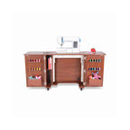 Kangaroo Bandicoot Sewing Cabinet in Teak K8205 with hydraulic lift raised and sewing machine on the work surface
