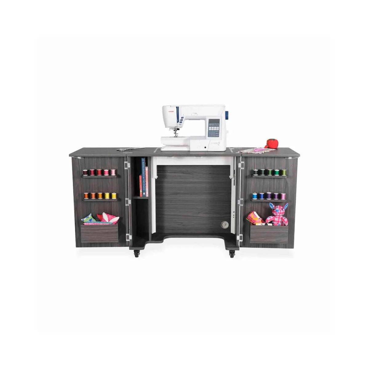 Kangaroo Bandicoot Sewing Cabinet in Gray K8207 open with sewing machine, thread racks, and storage