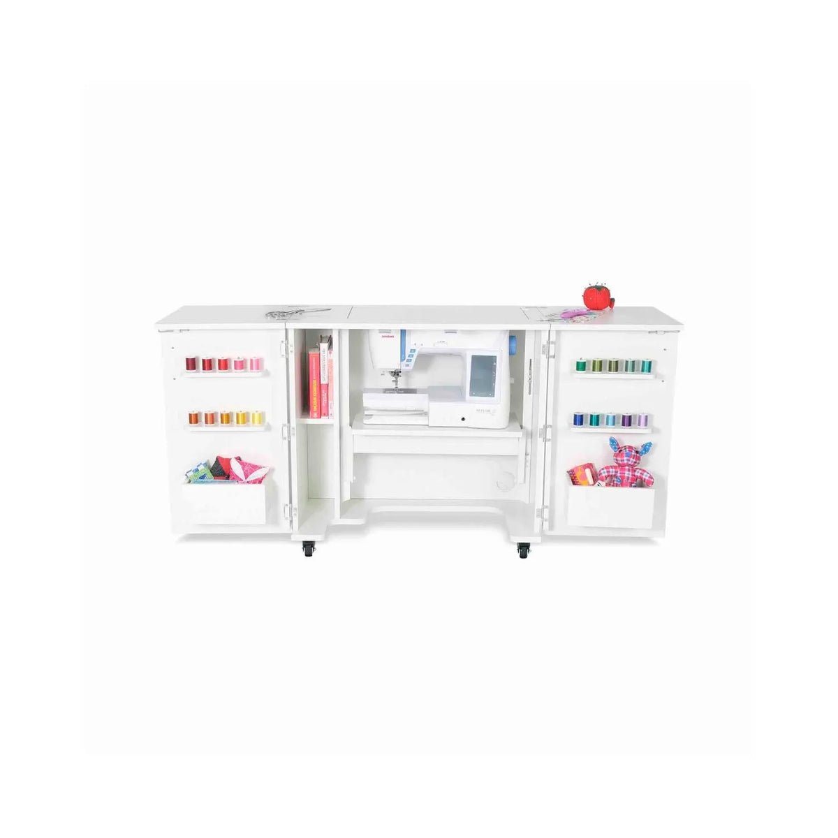 Kangaroo Bandicoot Sewing Cabinet in Ash White K8211 open with sewing machine, thread racks, and storage