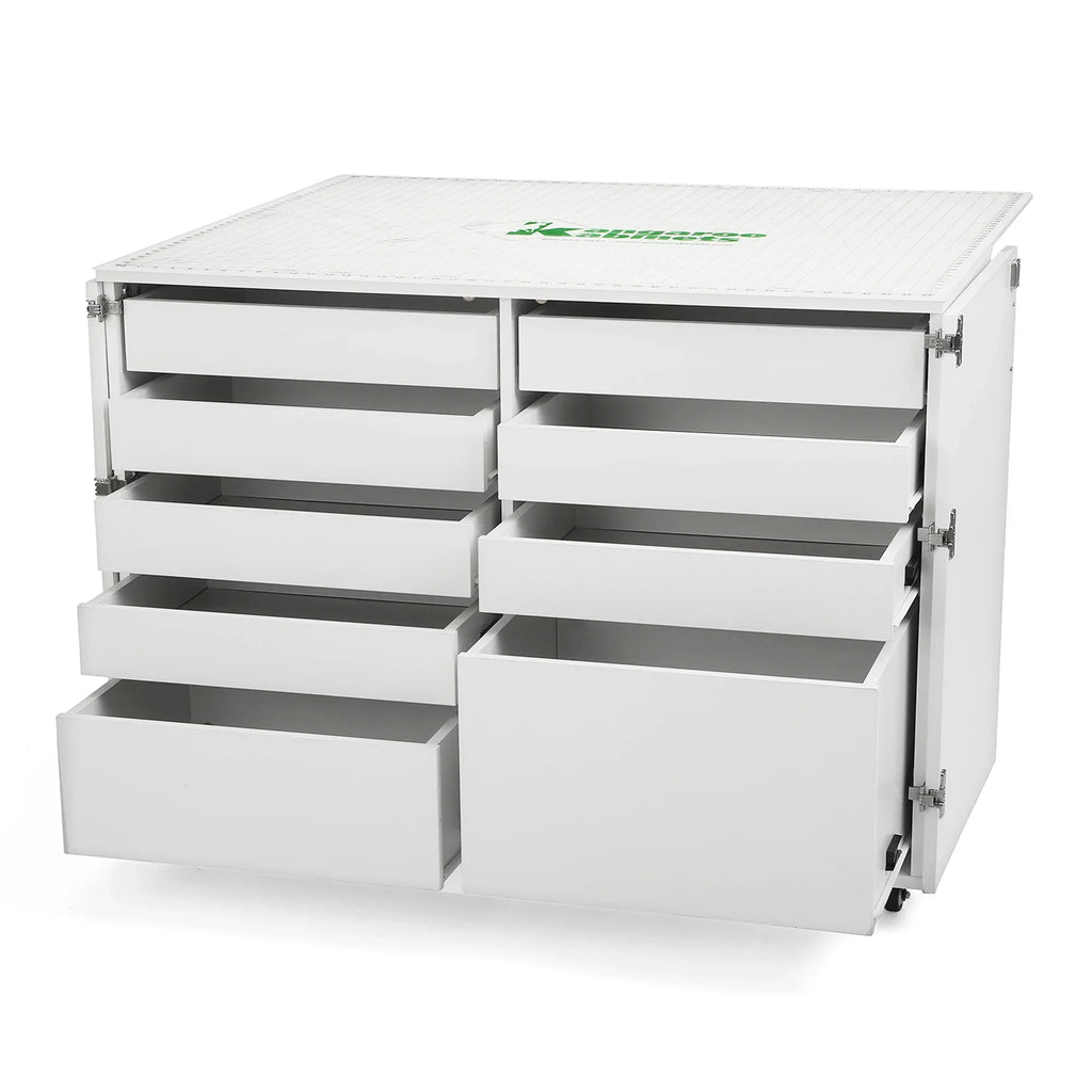 Kangaroo Dingo II Cutting Table and Storage Cabinet K7911 with drawers open and cutting surface extended