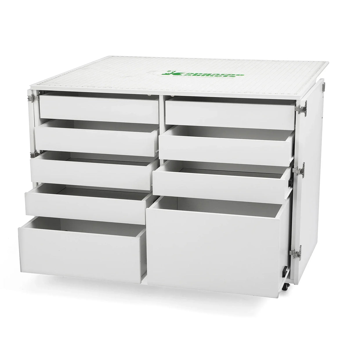 Kangaroo Dingo II Cutting Table and Storage Cabinet K7911 with drawers open and cutting surface extended