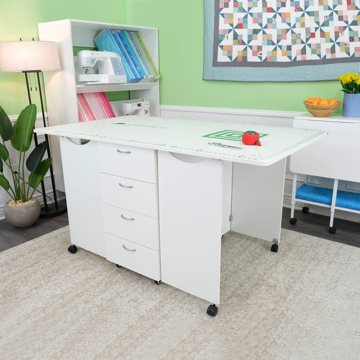 Kangaroo Kookaburra Cutting Table in Ash White K3451 fully opened in a sewing studio