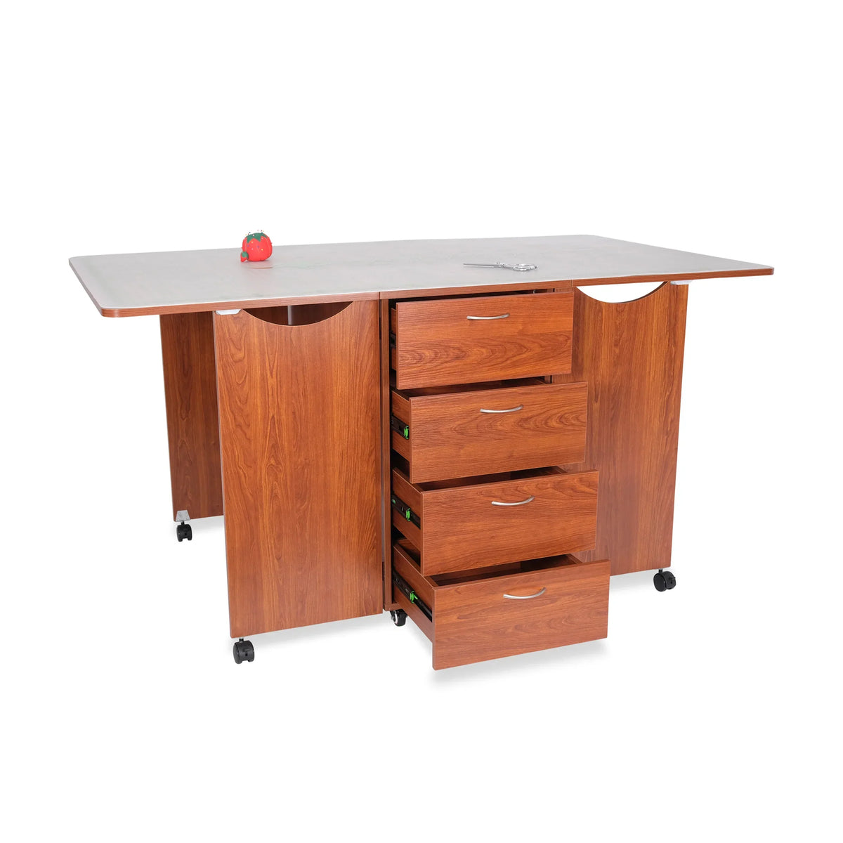 Kangaroo Kookaburra Cutting Table in Teak K3455 with four storage drawers open