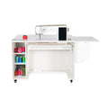 Kangaroo Melbourne Sewing Cabinet in Ash White with sewing machine installed, storage open, and quilt leaf extended