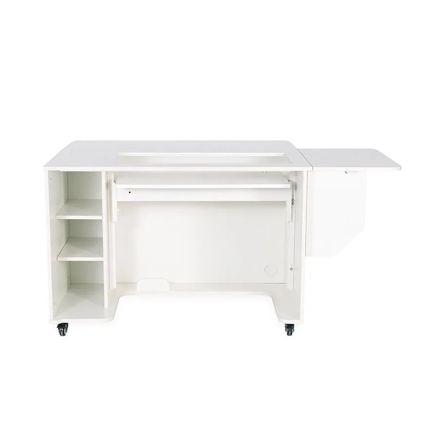 Kangaroo Melbourne Sewing Cabinet in Ash White without machine showing adjustable shelves and extra-large machine opening