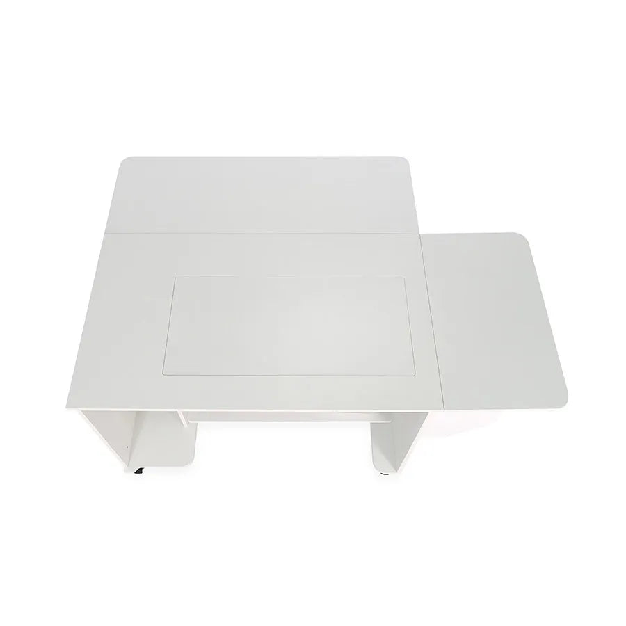Top view of Kangaroo Melbourne Sewing Cabinet in Ash White with large work surface and extension leaf