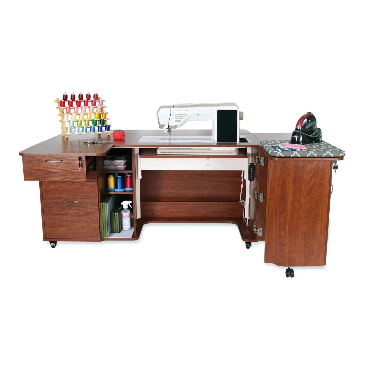 Kangaroo Sydney XL Electric Sewing Cabinet in Teak K4705EL open with sewing machine and storage