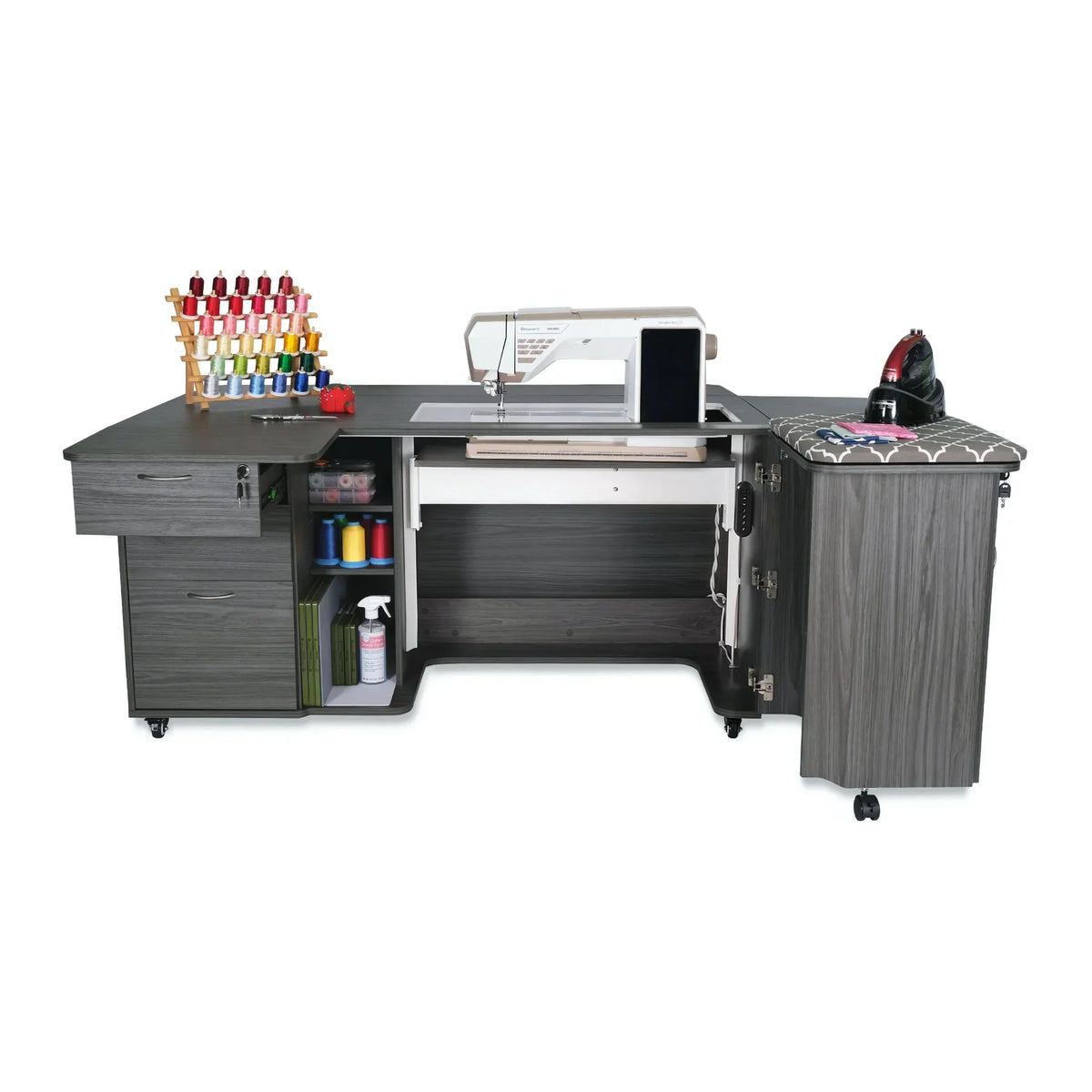 Kangaroo Sydney XL Electric Sewing Cabinet in Gray K4707EL open with sewing machine and storage